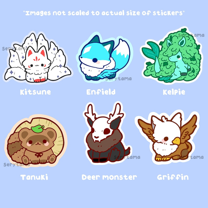 Kawaii Cryptid Creature Stickers: Kitsune, Kelpie, Griffin