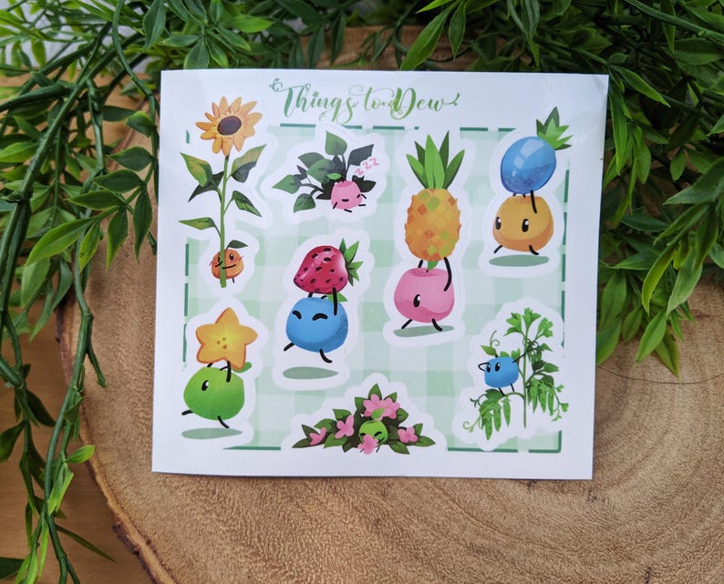 Things to Dew - Farming Forest Spirit Sticker Sheet - Fruit Helpers, flowers, string beans, sunflower, pineapple, strawberry, starfruit