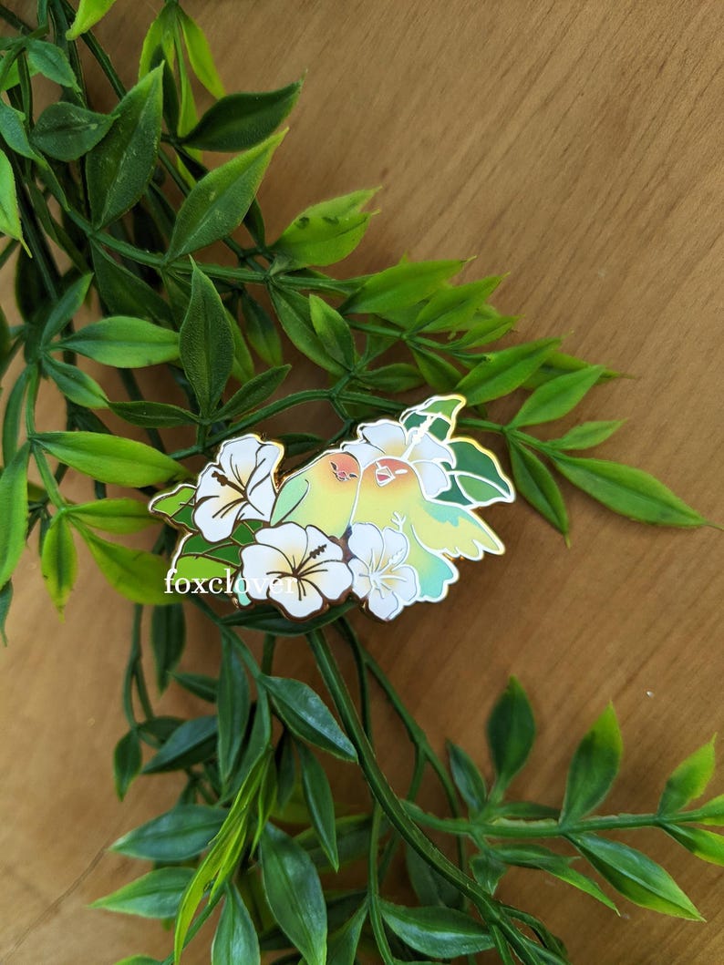 Love in Paradise - Hard Enamel Pin (lovebirds and hibiscus flowers)