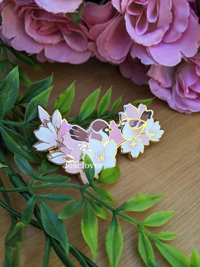 Love You Cherry Much - Hard Enamel Pin (sparrows and cherry blossoms)