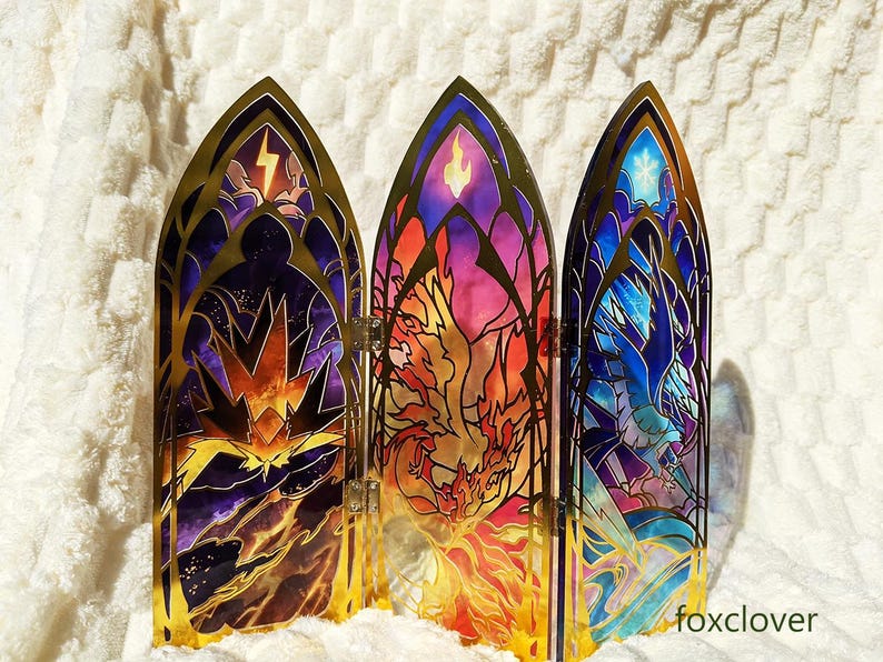 Stained Glass Birds - Fire, Ice, and Thunder Acrylic Standee | Household Decor | Gift for Gamers | Legendary Birds