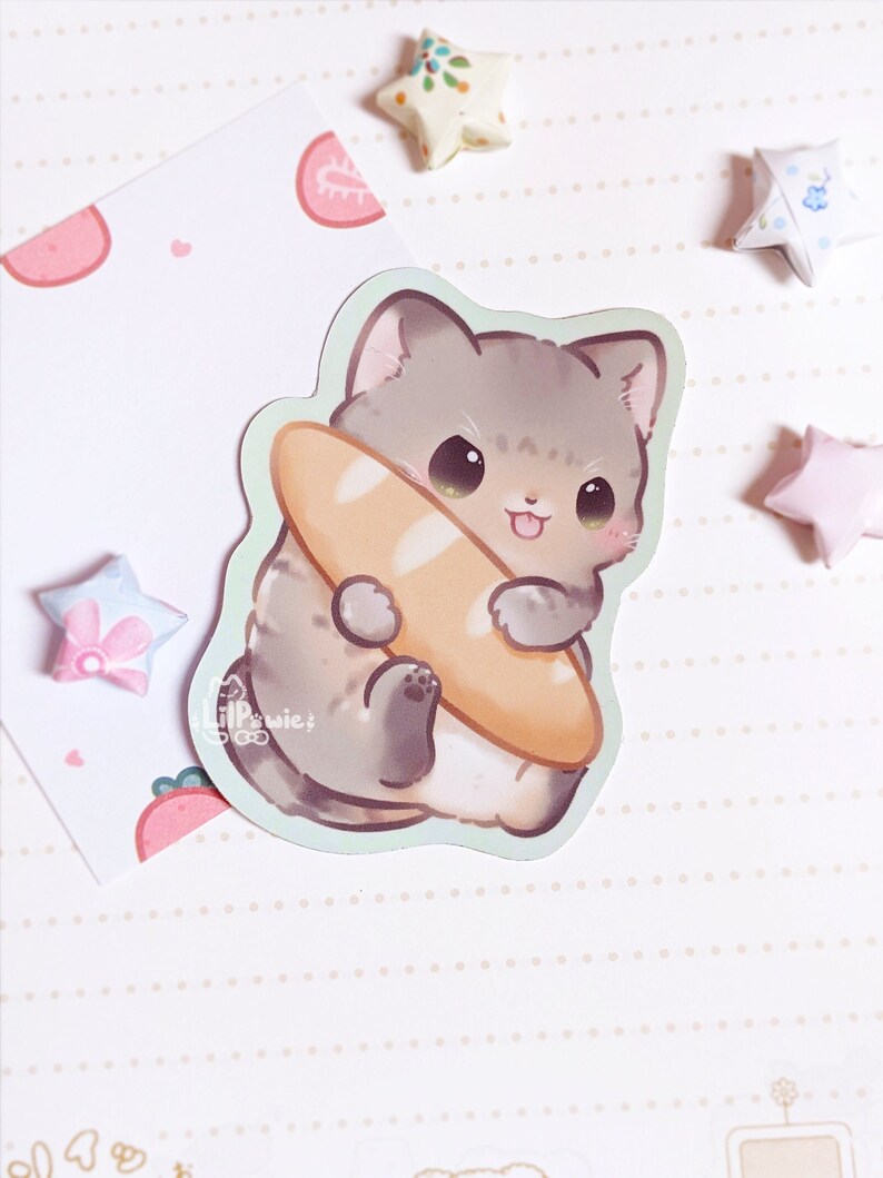 Naughty Gray Tabby Kitty Cat Holding Bread Baguette Original Art Die-cut Glossy Sticker 2.5'' for Laptop/Craft/Journal/Bottle