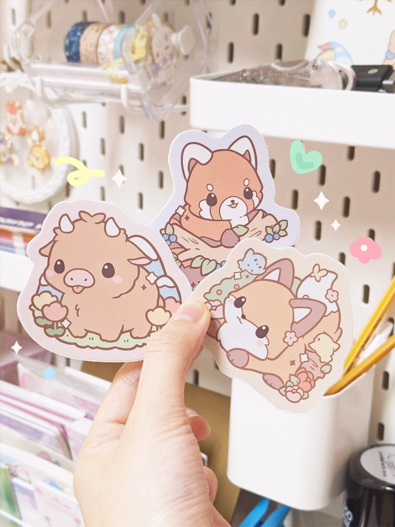 Red panda/Highland cow/Forest fox Original Die-cut Glossy Sticker 2.5'' Laptop/Craft/Journal/Bottle