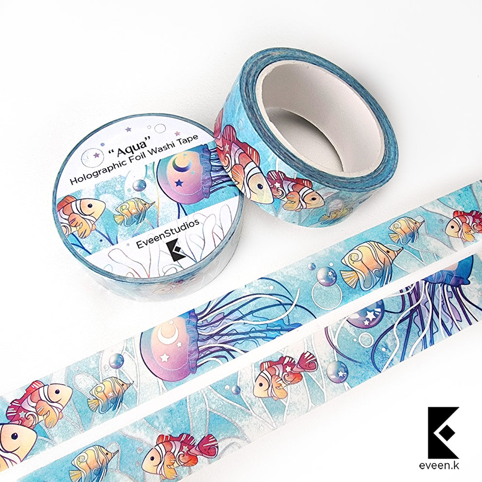 Aqua Sea Creature, Silver Holographic Foil Washi Tape