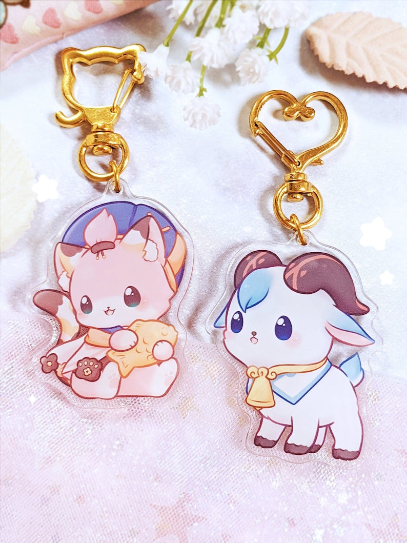 Genshin Impact Diona Pink Calico Kitty & Ganyu Cocogoat 2 inch Double-Sided Clear Acrylic Keychain Charm Accessory Fan Merchandise