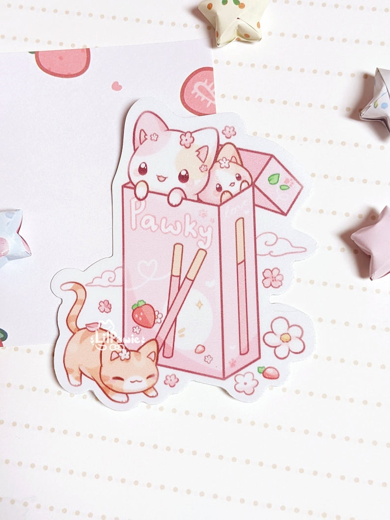 Cute Original Strawberry Pocky Calico Kitty Cats Pink Aesthetic Cream Biscuit Stick Matte Laptop Notebook Planner Vinyl Die-cut Sticker