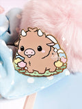 Highland Cow Mountain and Tulips Wild Fluffy Cute Animal Friend Original Art Hard Enamel Pin