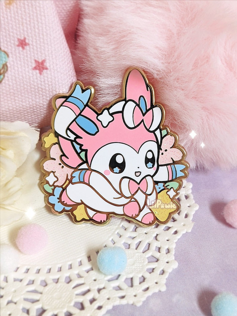 Pastel Cuties Anime Sylveon Fairy Pinkumon Sakura Cherry Blossom Starry Glitter Hard Enamel Pin