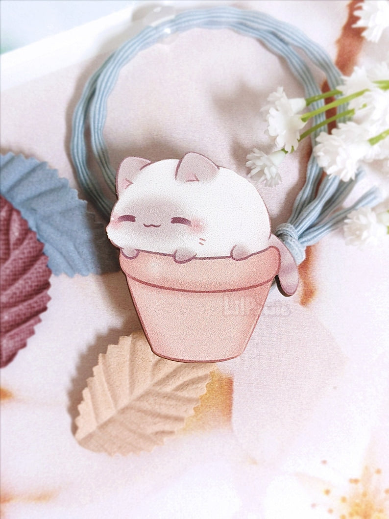 Wooden Pin Matte Gray White Siamese Kitty Cat Flower Pot Round Chibi Original Art 40mm Pin Badge